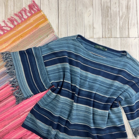 Ralph Lauren Striped Serape Fringed Short Sleeve Sweater - Picture 12 of 14
